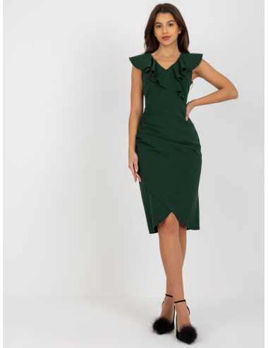 Dark green cocktail dress with flounce at the neckline  