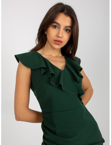 Dark green cocktail dress with flounce at the neckline  