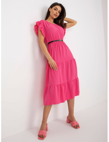 Dark pink midi dress with ruffle and belt  