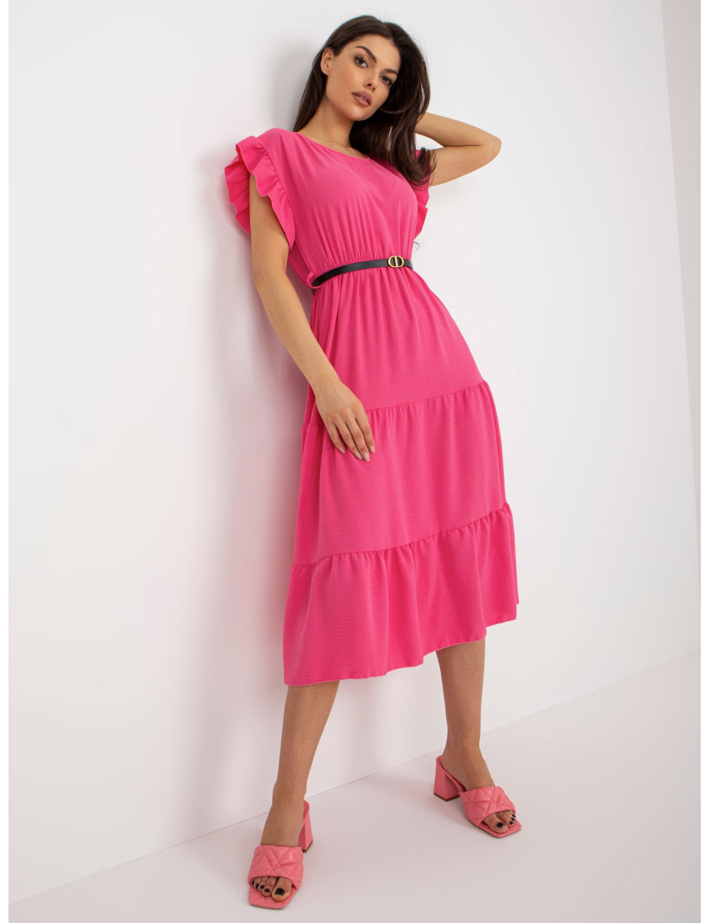 Dark pink midi dress with ruffle and belt  