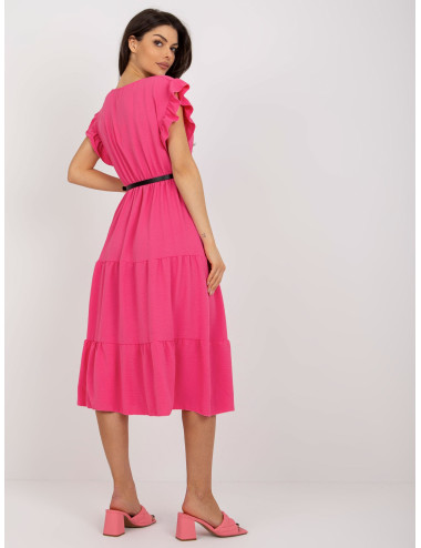 Dark pink midi dress with ruffle and belt  