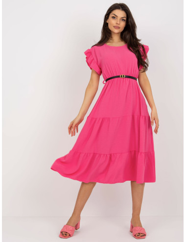 Dark pink midi dress with ruffle and belt  