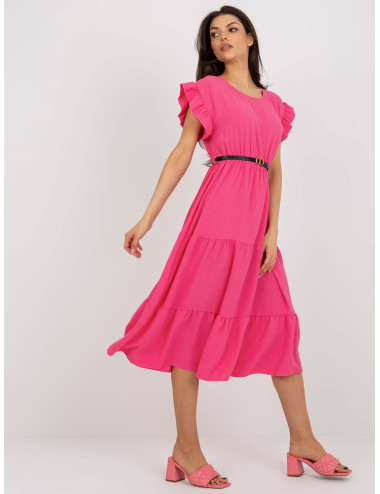 Dark pink midi dress with ruffle and belt  