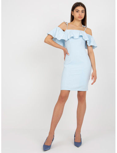 Light blue cocktail dress with frill at the neckline 