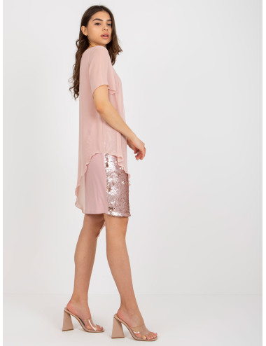 Dirty pink cocktail dress with asymmetrical trim 