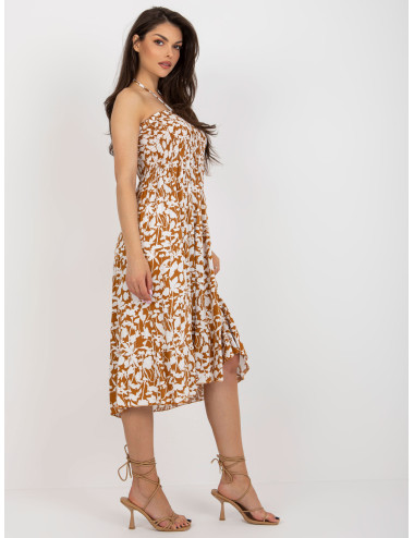 Camel-style summer dress with print and ruffle 