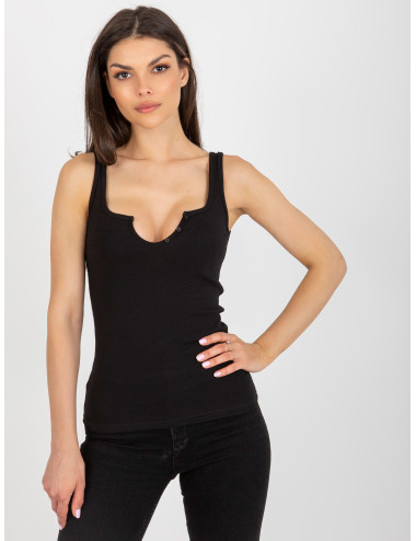 Black women's basic top with buttons at the neckline 