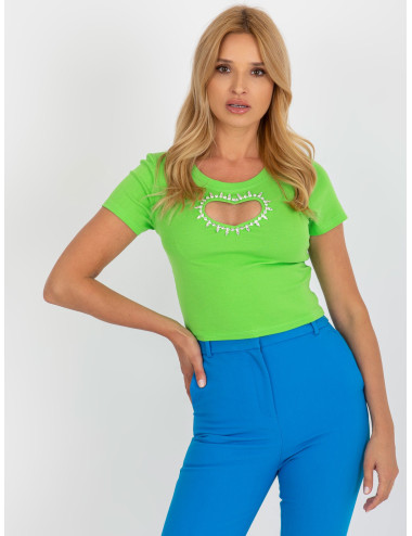 Light green women's t-shirt with cubic zirconia applique  