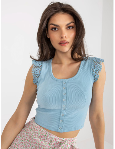 Light blue ribbed blouse with lace and buttons 