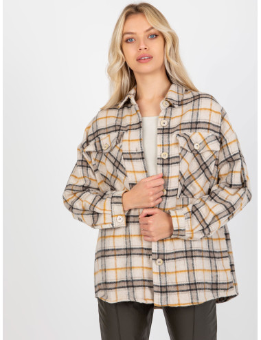 Beige Women's Warm Plaid Shirt With Pockets  