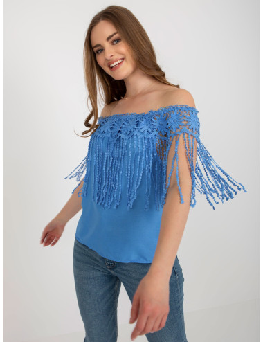 Blue summer Spanish blouse with fringe  