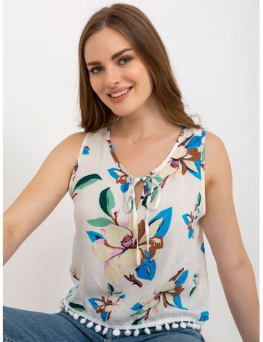 White floral blouse with tie at the neckline 