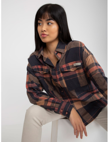 Navy blue loose plaid shirt with longer back  