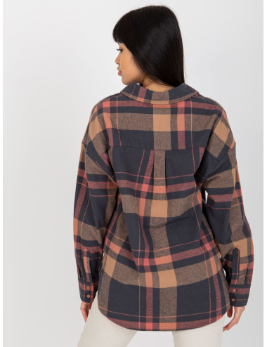 Navy blue loose plaid shirt with longer back  