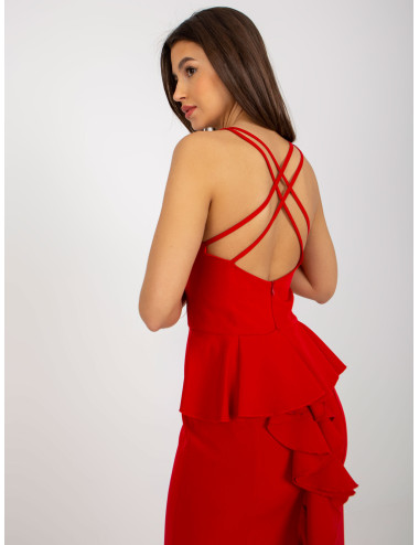 Red maxi evening dress with ruffle at the back  