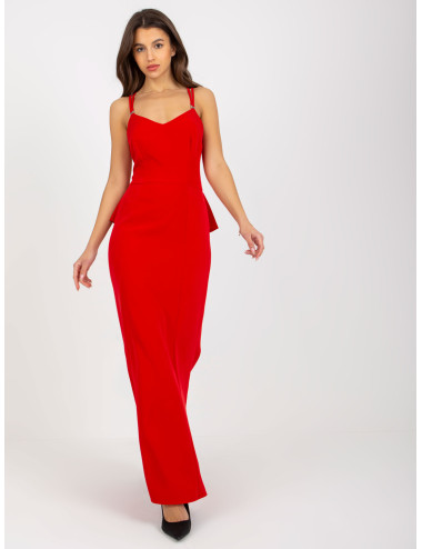 Red maxi evening dress with ruffle at the back  