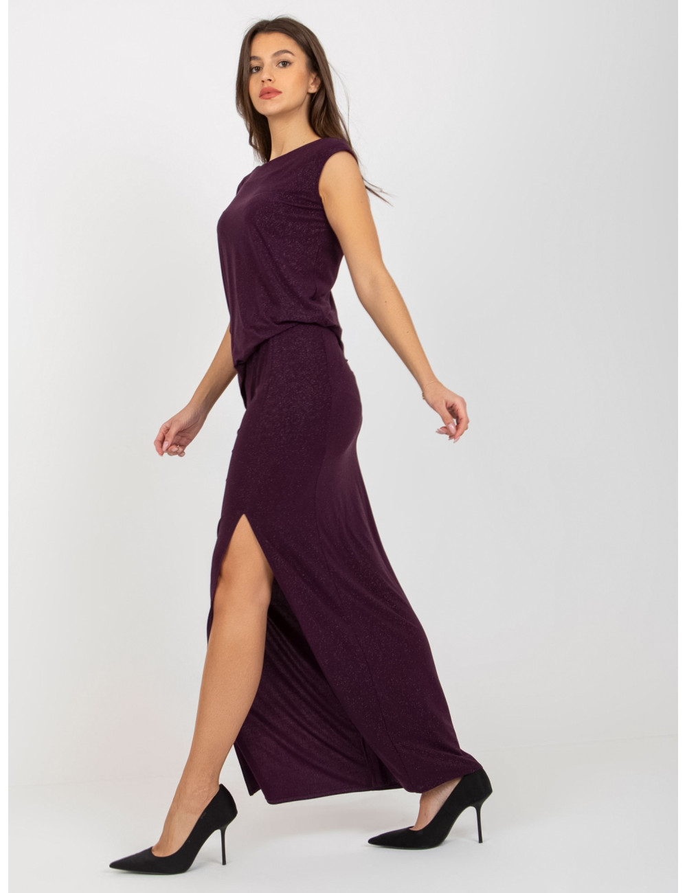 Dark Purple Shiny Maxi Evening Dress  