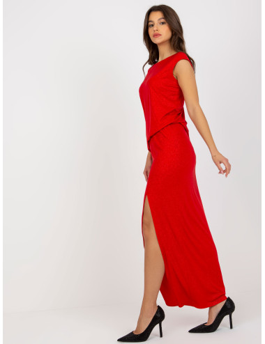 Red glitter maxi evening dress with leg slit 
