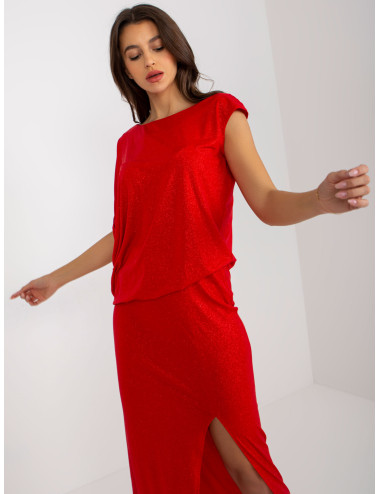 Red glitter maxi evening dress with leg slit 