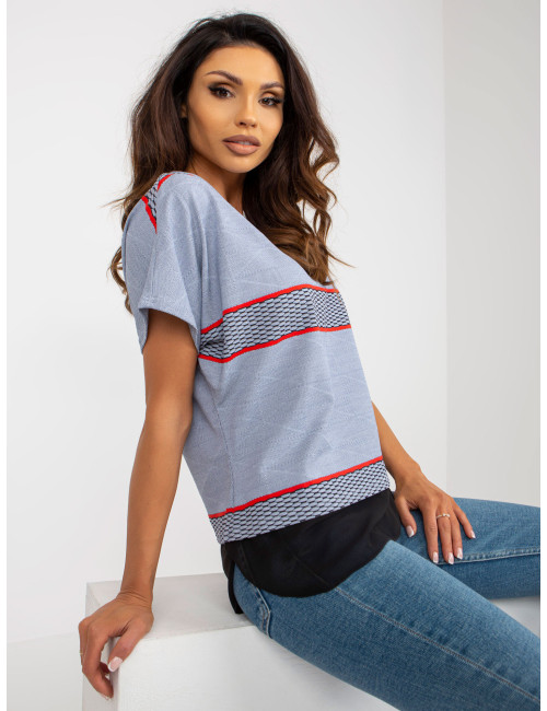 Gray-red casual blouse with round neckline 