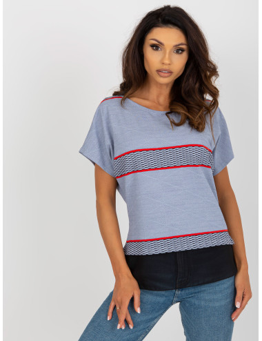 Gray-red casual blouse with round neckline 