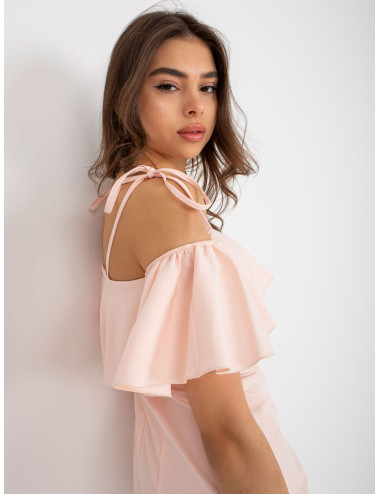 Peach dress with Spanish neckline 