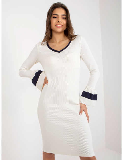 Ecru-navy blue fitted dress with long sleeves 