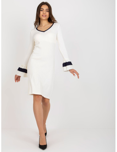 Ecru-navy blue fitted dress with long sleeves 