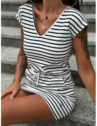 MAYFLIES Striped Ecru-Navy Casual Dress 