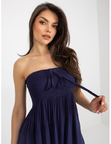 Navy blue flared bandeau dress with ruffle 