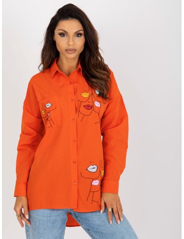 Orange Women's Shirt with Print and Pocket 