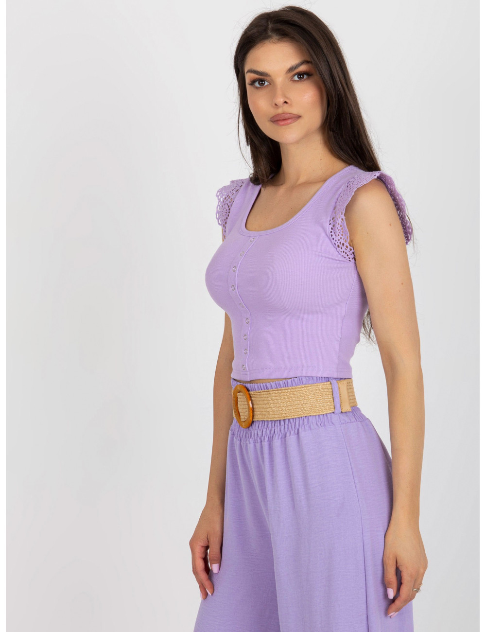 Light purple short blouse with stripe lace 
