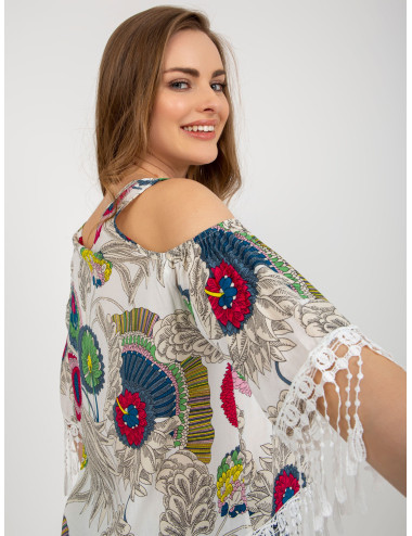 White women's blouse with print and fringe  