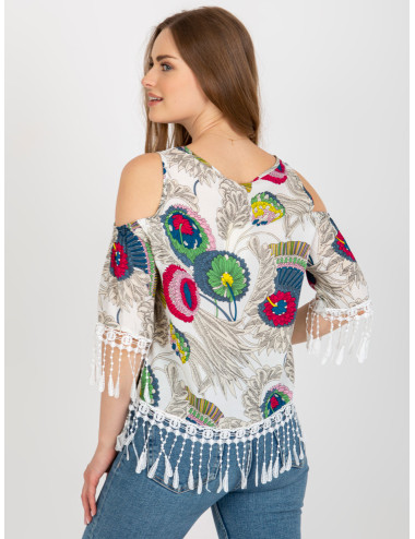 White women's blouse with print and fringe  