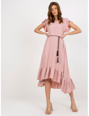 Light pink midi dress with ruffle and round neckline 