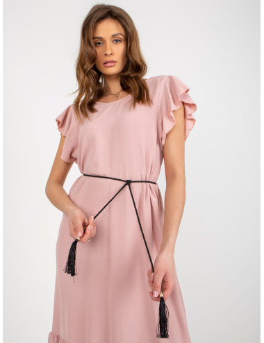 Light pink midi dress with ruffle and round neckline 