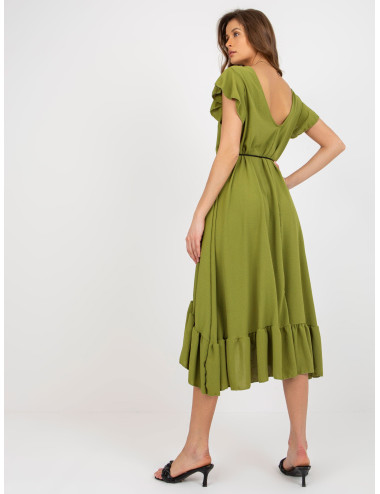Olive midi dress with ruffle with asymmetrical cut 