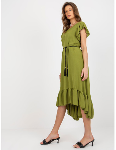 Olive midi dress with ruffle with asymmetrical cut 