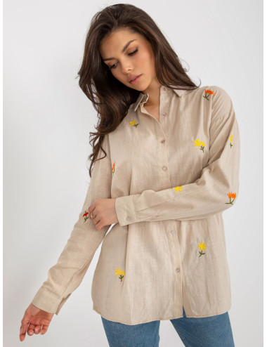 Beige women's oversized shirt with embroidered flowers  