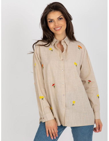 Beige women's oversized shirt with embroidered flowers  
