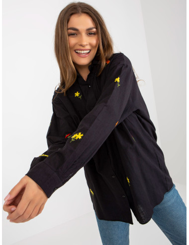 Black women's oversized shirt with embroidered flowers 