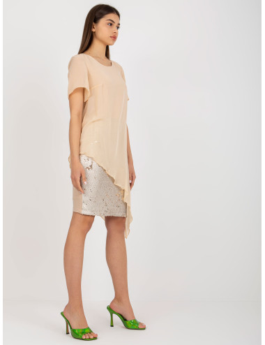 Beige pencil cocktail dress with sequins   