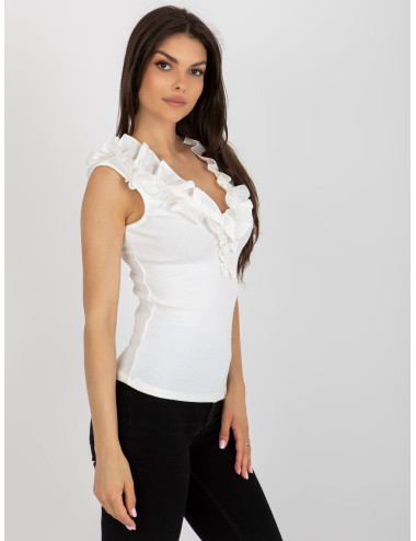 Ecru ribbed top with frills at the neckline 