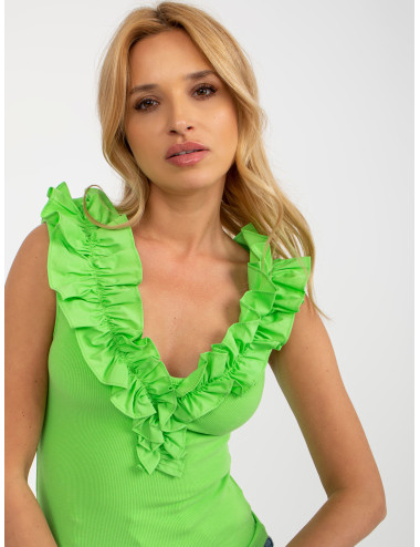 Light green ribbed top with neckline on the back 