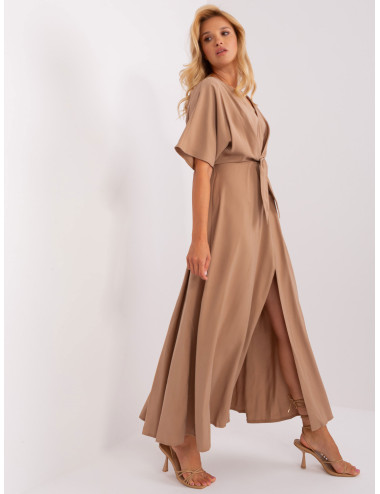 Camel maxi dress for casual with slit ZULUNA 
