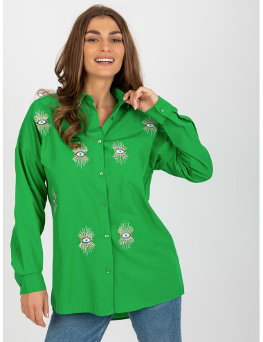 Green women's oversized shirt with applique  