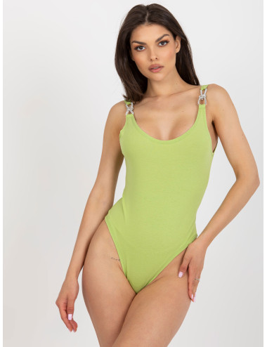 Light green women's bodysuit with decorative straps  