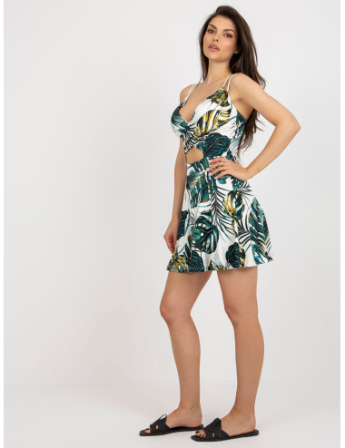 White and dark green flared dress with print 