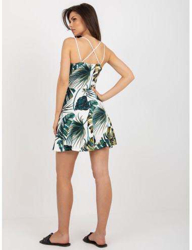 White and dark green flared dress with print 