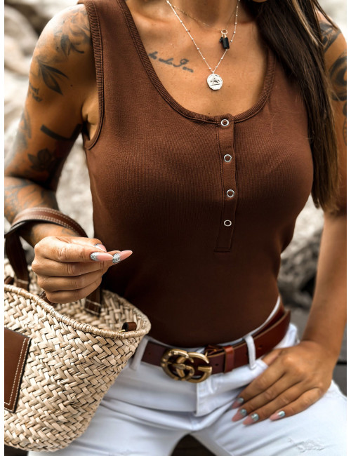 Brown basic top with a band MAYFLIES 
